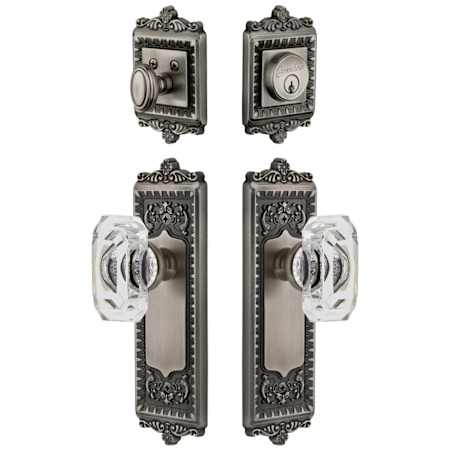 Grandeur Windsor Solid Brass Single Cylinder Keyed Entry Knobset and Deadbolt Combo Pack with Baguette Clear Crystal Knob and 2-3/4" Backset Antique Pewter