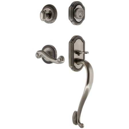 Grandeur Newport Solid Brass Rose Left Handed Keyed Entry Single Cylinder Sectional "S" Grip Handleset with Newport Lever and 2-3/8" Backset Antique Pewter