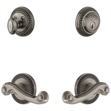 Grandeur Newport Solid Brass Left Handed Single Cylinder Keyed Entry Leverset and Deadbolt Combo Pack with Newport Lever and 2-3/8" Backset Antique Pewter
