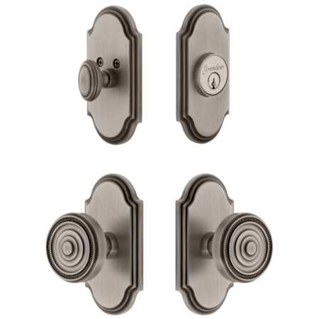Grandeur Arc Solid Brass Single Cylinder Keyed Entry Knobset and Deadbolt Combo Pack with Soleil Knob and 2-3/8" Backset Antique Pewter
