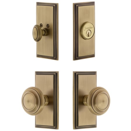 Grandeur Carre Solid Brass Single Cylinder Keyed Entry Knobset and Deadbolt Combo Pack with Circulaire Knob and 2-3/8" Backset Vintage Brass