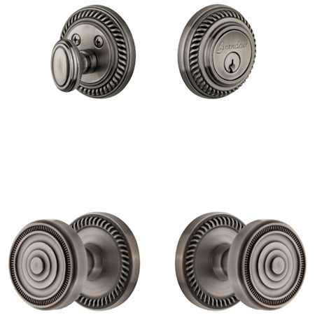 Grandeur Newport Solid Brass Single Cylinder Keyed Entry Knobset and Deadbolt Combo Pack with Soleil Knob and 2-3/4" Backset Antique Pewter