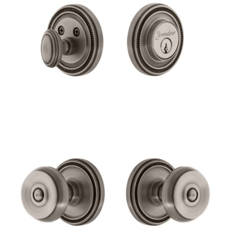 Grandeur Soleil Solid Brass Single Cylinder Keyed Entry Knobset and Deadbolt Combo Pack with Bouton Knob and 2-3/8" Backset Antique Pewter