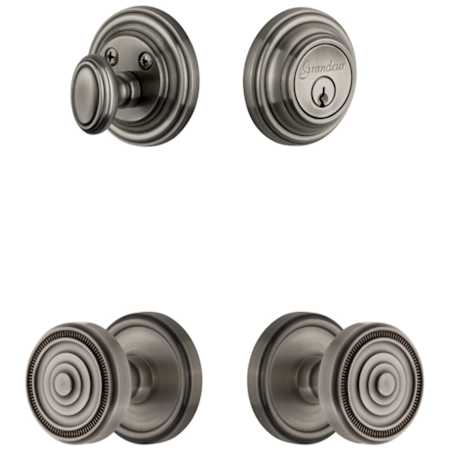 Grandeur Georgetown Solid Brass Single Cylinder Keyed Entry Knobset and Deadbolt Combo Pack with Soleil Knob and 2-3/8" Backset Antique Pewter