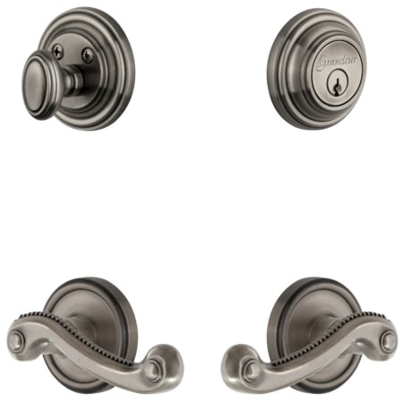 Grandeur Georgetown Solid Brass Left Handed Single Cylinder Keyed Entry Leverset and Deadbolt Combo Pack with Newport Lever and 2-3/8" Backset Antique Pewter