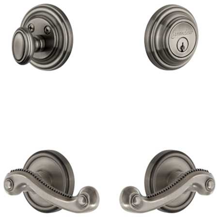 Grandeur Georgetown Solid Brass Right Handed Single Cylinder Keyed Entry Leverset and Deadbolt Combo Pack with Newport Lever and 2-3/8" Backset Antique Pewter