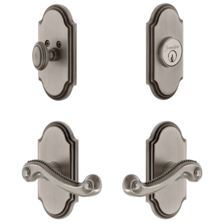 Grandeur Arc Solid Brass Right Handed Single Cylinder Keyed Entry Leverset and Deadbolt Combo Pack with Newport Lever and 2-3/8" Backset Antique Pewter