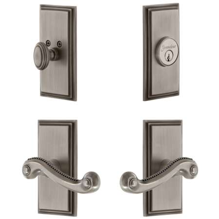 Grandeur Carre Solid Brass Right Handed Single Cylinder Keyed Entry Leverset and Deadbolt Combo Pack with Newport Lever and 2-3/8" Backset Antique Pewter