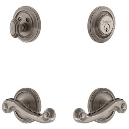 Grandeur Circulaire Solid Brass Left Handed Single Cylinder Keyed Entry Leverset and Deadbolt Combo Pack with Newport Lever and 2-3/4" Backset Antique Pewter