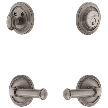 Grandeur Circulaire Solid Brass Left Handed Single Cylinder Keyed Entry Leverset and Deadbolt Combo Pack with Georgetown Lever and 2-3/4" Backset Antique Pewter
