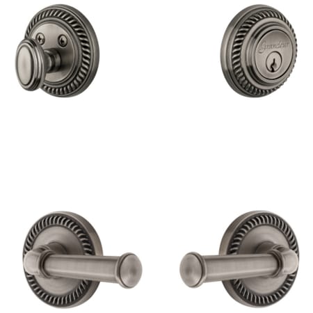 Grandeur Newport Solid Brass Left Handed Single Cylinder Keyed Entry Leverset and Deadbolt Combo Pack with Georgetown Lever and 2-3/8" Backset Antique Pewter