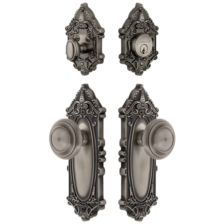 Grandeur Grande Victorian Solid Brass Single Cylinder Keyed Entry Knobset and Deadbolt Combo Pack with Circulaire Knob and 2-3/4" Backset Antique Pewter