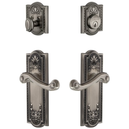 Grandeur Parthenon Solid Brass Right Handed Single Cylinder Keyed Entry Leverset and Deadbolt Combo Pack with Newport Lever and 2-3/8" Backset Antique Pewter