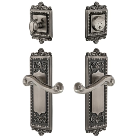 Grandeur Windsor Solid Brass Right Handed Single Cylinder Keyed Entry Leverset and Deadbolt Combo Pack with Newport Lever and 2-3/8" Backset Antique Pewter