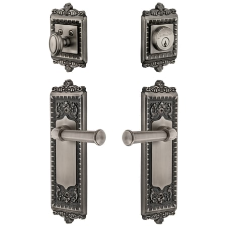 Grandeur Windsor Solid Brass Right Handed Single Cylinder Keyed Entry Leverset and Deadbolt Combo Pack with Georgetown Lever and 2-3/8" Backset Antique Pewter
