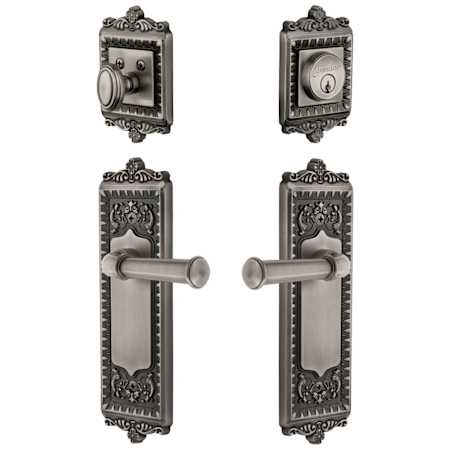 Grandeur Windsor Solid Brass Right Handed Single Cylinder Keyed Entry Leverset and Deadbolt Combo Pack with Georgetown Lever and 2-3/4" Backset Antique Pewter