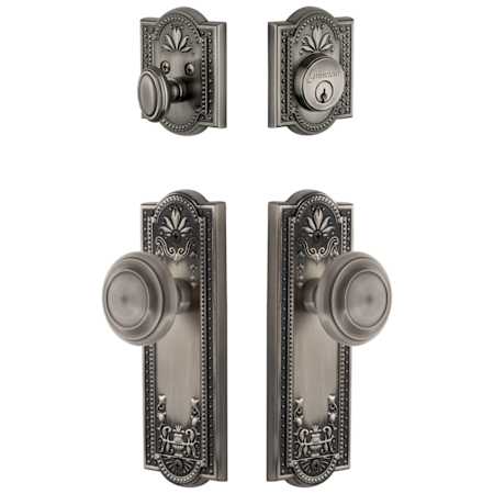 Grandeur Parthenon Solid Brass Single Cylinder Keyed Entry Knobset and Deadbolt Combo Pack with Circulaire Knob and 2-3/8" Backset Antique Pewter