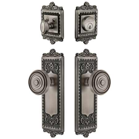Grandeur Windsor Solid Brass Single Cylinder Keyed Entry Knobset and Deadbolt Combo Pack with Soleil Knob and 2-3/8" Backset Antique Pewter