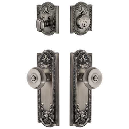 Grandeur Parthenon Solid Brass Single Cylinder Keyed Entry Knobset and Deadbolt Combo Pack with Bouton Knob and 2-3/4" Backset Antique Pewter