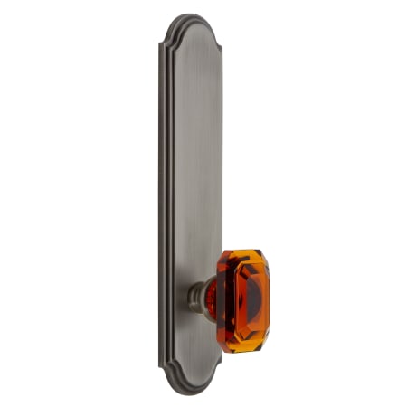 Grandeur Arc Solid Brass Tall Plate Rose Left Handed Privacy Door Knob Set with Baguette Amber Crystal Knob and 2-3/4" Backset Antique Pewter