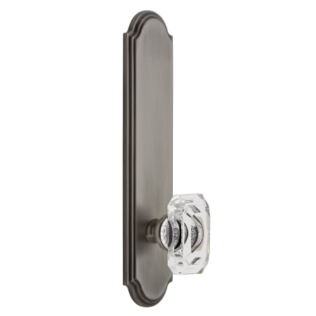 Grandeur Arc Solid Brass Tall Plate Rose Left Handed Privacy Door Knob Set with Baguette Clear Crystal Knob and 2-3/8" Backset Antique Pewter