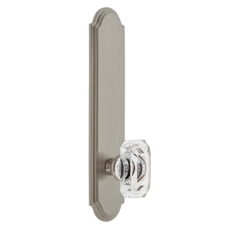 Grandeur Arc Solid Brass Tall Plate Rose Right Handed Privacy Door Knob Set with Baguette Clear Crystal Knob and 2-3/8" Backset Satin Nickel