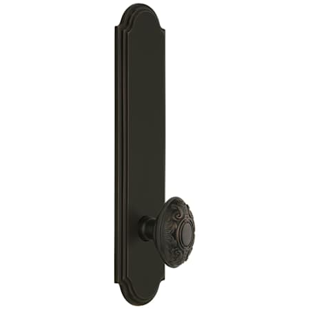 Grandeur Arc Solid Brass Tall Plate Rose Left Handed Privacy Door Knob Set with Grande Victorian Knob and 2-3/8" Backset Timeless Bronze