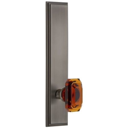 Grandeur Carre Solid Brass Tall Plate Rose Left Handed Privacy Door Knob Set with Baguette Amber Crystal Knob and 2-3/4" Backset Antique Pewter