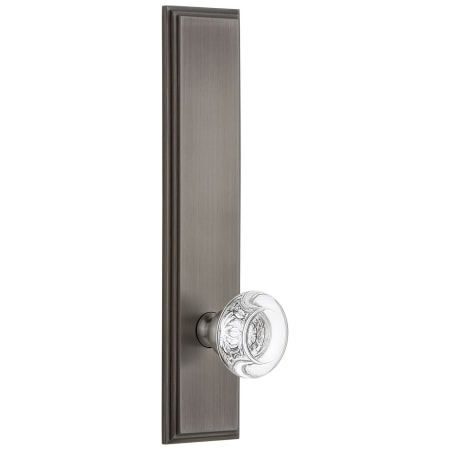 Grandeur Carre Solid Brass Tall Plate Rose Left Handed Privacy Door Knob Set with Bordeaux Crystal Knob and 2-3/4" Backset Antique Pewter