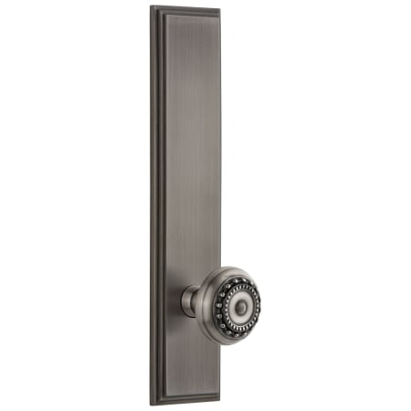 Grandeur Carre Solid Brass Tall Plate Rose Left Handed Privacy Door Knob Set with Parthenon Knob and 2-3/4" Backset Antique Pewter