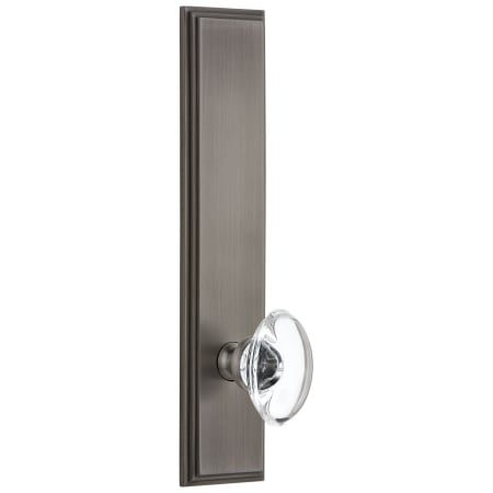 Grandeur Carre Solid Brass Rose Left Handed Tall Plate Privacy Door Knob Set with Provence Crystal Knob and 2-3/8" Backset Antique Pewter