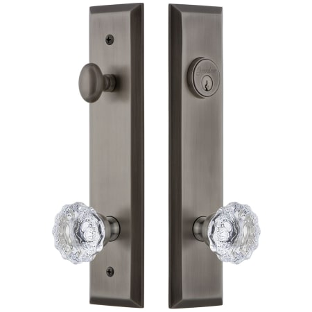 Grandeur Fifth Avenue Solid Brass Tall Plate Single Cylinder Keyed Entry Set with Fontainebleau Crystal Knob and 2-3/8" Backset Antique Pewter