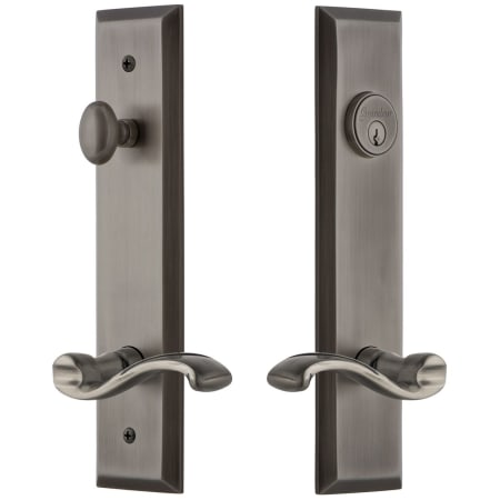 Grandeur Fifth Avenue Solid Brass Tall Plate Single Cylinder Keyed Entry Set with Portofino Lever and 2-3/8" Backset Antique Pewter