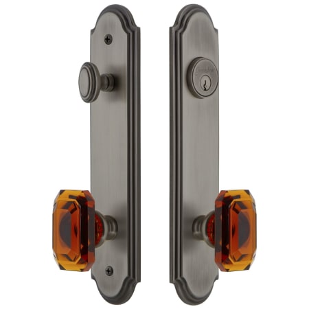 Grandeur Arc Solid Brass Tall Plate Single Cylinder Keyed Entry Set with Baguette Amber Crystal Knob and 2-3/4" Backset Antique Pewter