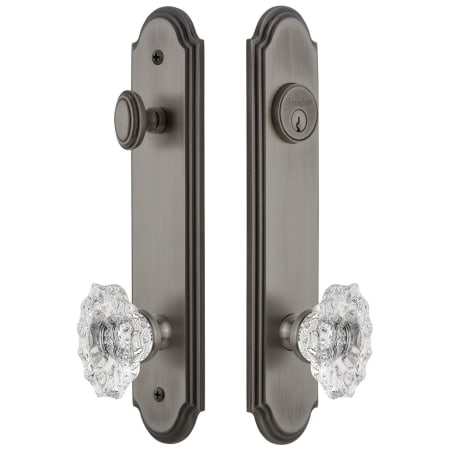 Grandeur Arc Solid Brass Tall Plate Single Cylinder Keyed Entry Set with Biarritz Crystal Knob and 2-3/8" Backset Antique Pewter