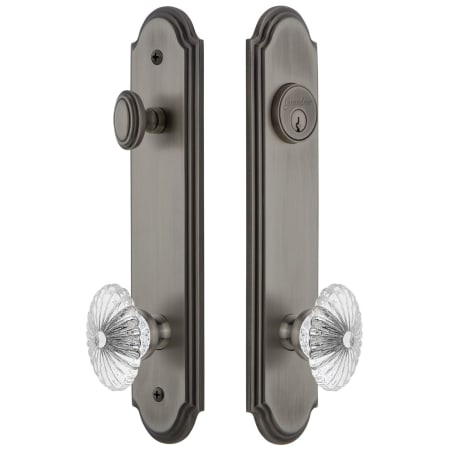 Grandeur Arc Solid Brass Tall Plate Single Cylinder Keyed Entry Set with Burgundy Crystal Knob and 2-3/8" Backset Antique Pewter