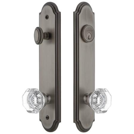 Grandeur Arc Solid Brass Tall Plate Single Cylinder Keyed Entry Set with Chambord Crystal Knob and 2-3/4" Backset Antique Pewter