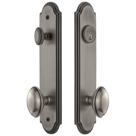 Grandeur Arc Solid Brass Tall Plate Single Cylinder Keyed Entry Set with Eden Prairie Knob and 2-3/8" Backset Antique Pewter