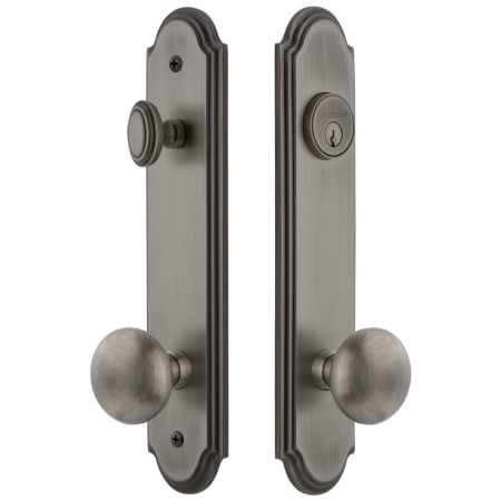 Grandeur Arc Solid Brass Tall Plate Single Cylinder Keyed Entry Set with Fifth Avenue Knob and 2-3/4" Backset Antique Pewter