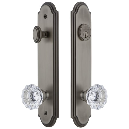Grandeur Arc Solid Brass Tall Plate Single Cylinder Keyed Entry Set with Fontainebleau Crystal Knob and 2-3/8" Backset Antique Pewter