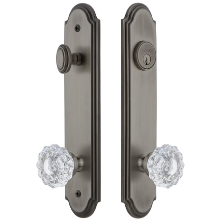 Grandeur Arc Solid Brass Tall Plate Single Cylinder Keyed Entry Set with Versailles Crystal Knob and 2-3/4" Backset Antique Pewter