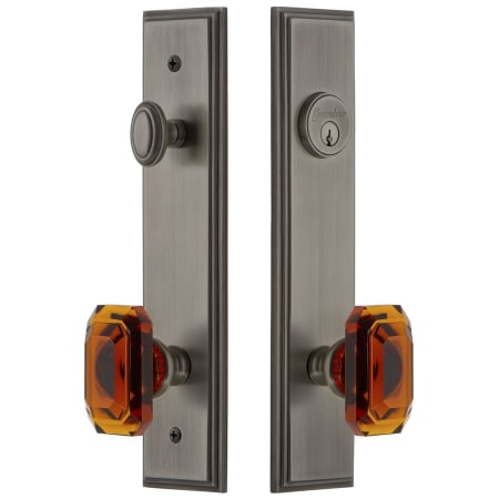 Grandeur Carre Solid Brass Tall Plate Single Cylinder Keyed Entry Set with Baguette Amber Crystal Knob and 2-3/8" Backset Antique Pewter