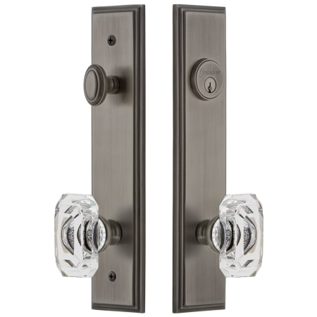 Grandeur Carre Solid Brass Tall Plate Single Cylinder Keyed Entry Set with Baguette Clear Crystal Knob and 2-3/8" Backset Antique Pewter