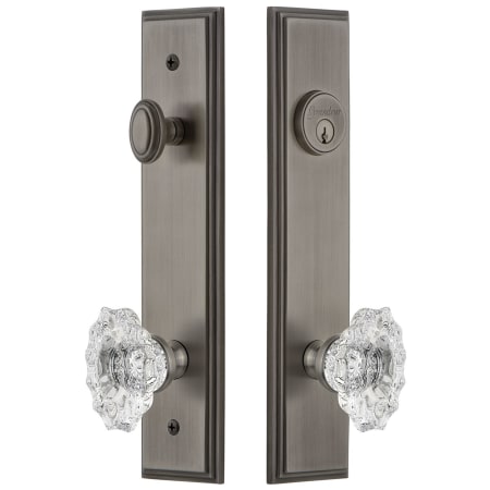 Grandeur Carre Solid Brass Tall Plate Single Cylinder Keyed Entry Set with Biarritz Crystal Knob and 2-3/8" Backset Antique Pewter
