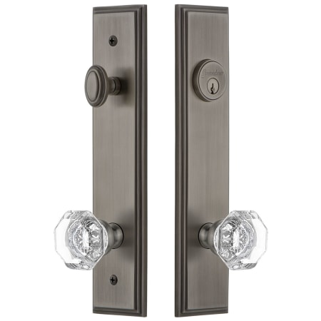 Grandeur Carre Solid Brass Tall Plate Single Cylinder Keyed Entry Set with Chambord Crystal Knob and 2-3/8" Backset Antique Pewter