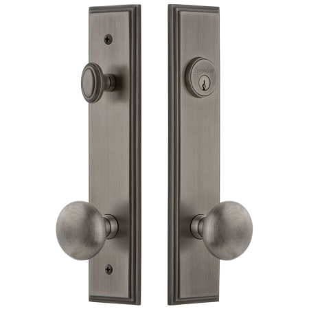 Grandeur Carre Solid Brass Tall Plate Single Cylinder Keyed Entry Set with Fifth Avenue Knob and 2-3/4" Backset Antique Pewter