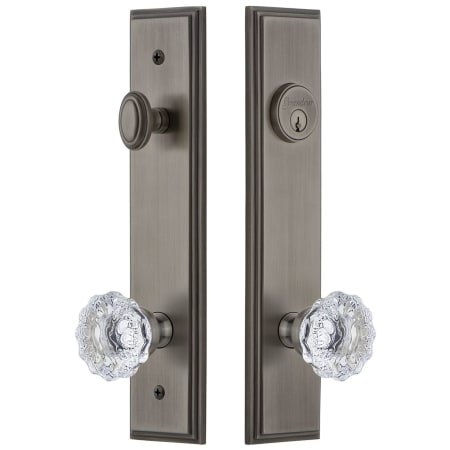 Grandeur Carre Solid Brass Tall Plate Single Cylinder Keyed Entry Set with Fontainebleau Crystal Knob and 2-3/8" Backset Antique Pewter