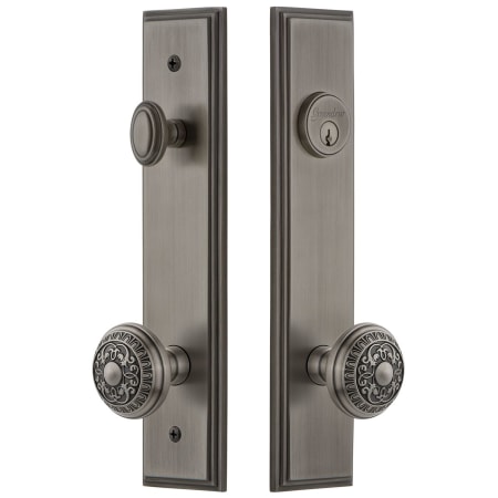 Grandeur Carre Solid Brass Tall Plate Single Cylinder Keyed Entry Set with Windsor Knob and 2-3/4" Backset Antique Pewter