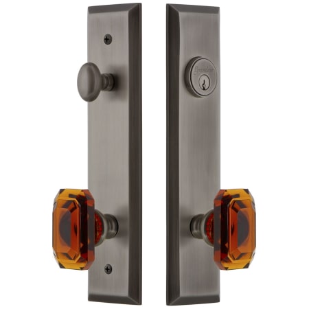 Grandeur Fifth Avenue Solid Brass Tall Plate Single Cylinder Keyed Entry Set with Baguette Amber Crystal Knob and 2-3/8" Backset Antique Pewter