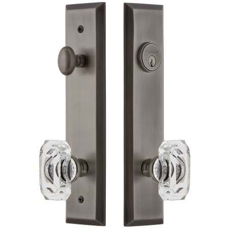 Grandeur Fifth Avenue Solid Brass Tall Plate Single Cylinder Keyed Entry Set with Baguette Clear Crystal Knob and 2-3/4" Backset Antique Pewter